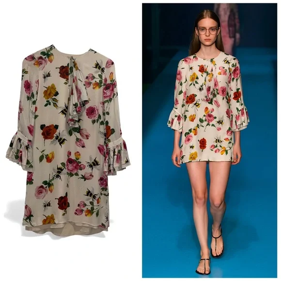 Gucci Floral Bee Silk Mini Dress IT38 US2 Pleated Front Long Sleeve Spring EUC - Picture 1 of 14